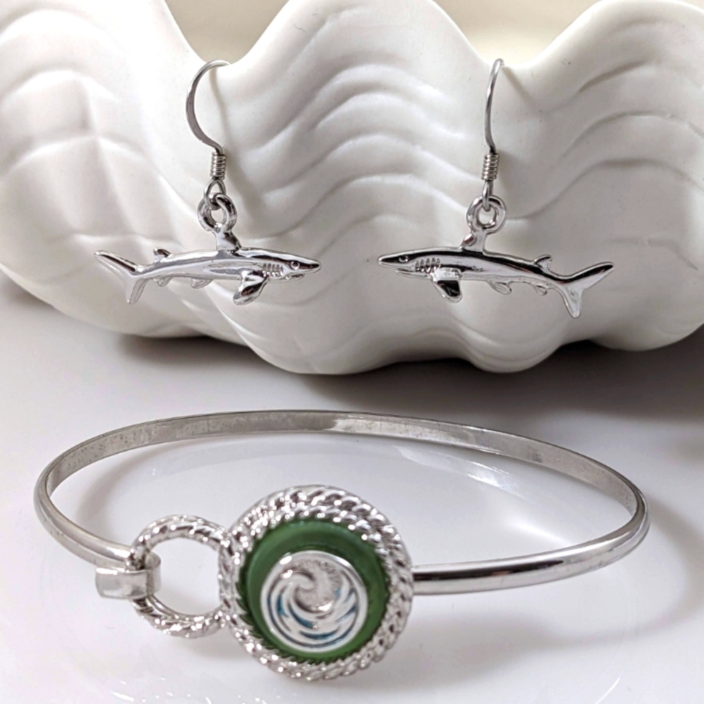 Wave Cuff Bracelet with Baby Shark earrings. Made in the USA - Picture 1 of 10